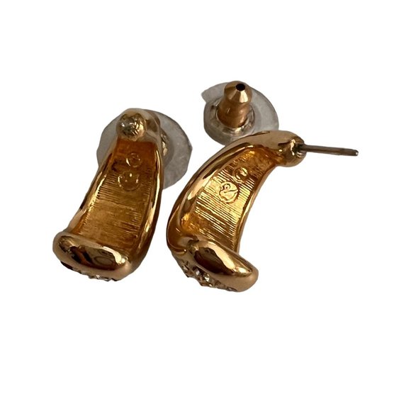 Swarovski Gold Plated Half Hoop Pierced Earrings Gold Crystals Dainty - Picture 7 of 9